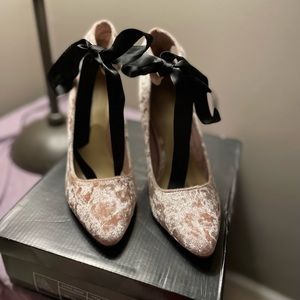 Sassy velour pink with black tie high heels 6M purchased from Forever 21